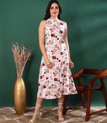 Women   s delta geometric printed halter neck sleeveless a-line midi dress (white)