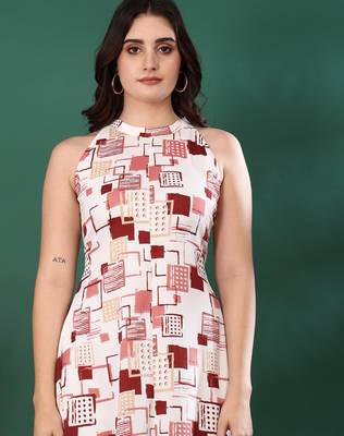 white cotton blend a line dress with halter neck print 4