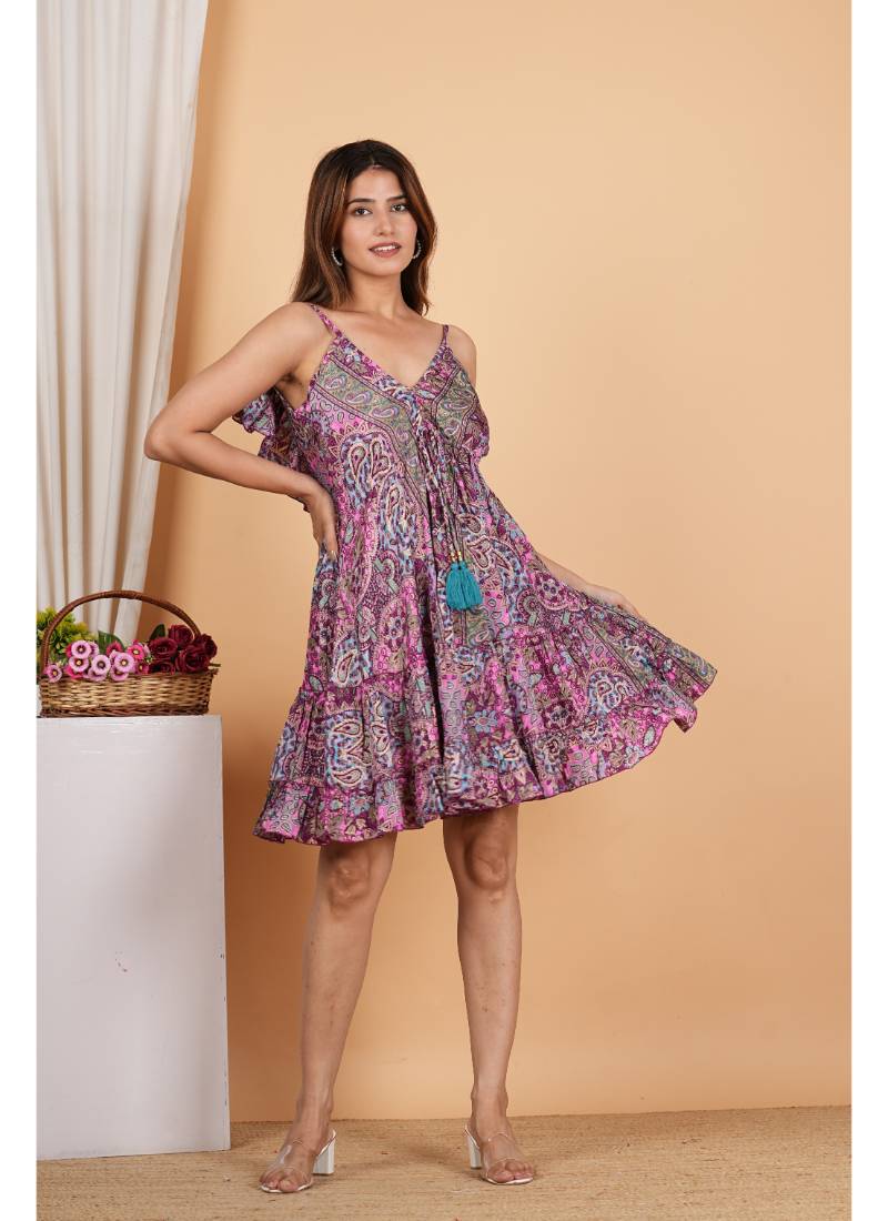 Women   s polyester printed short dress with back frill & adjustable string