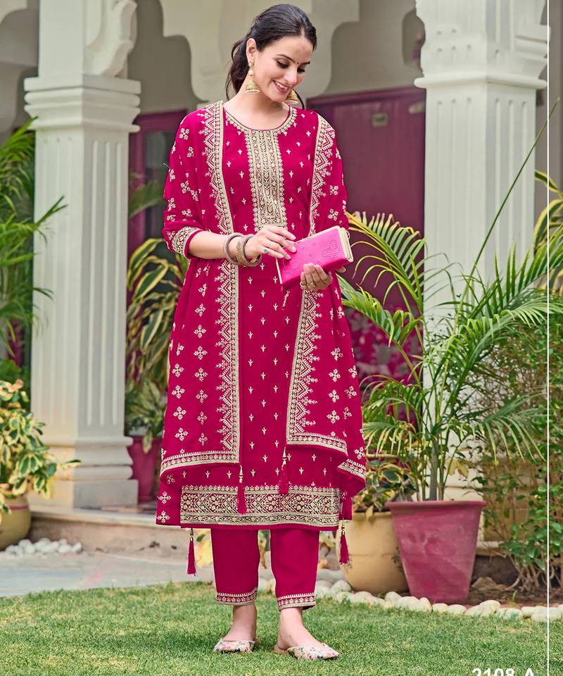 Rani color embroideried faux georgette semi stitched salwar suit