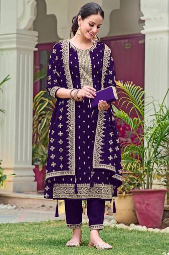 Purple color embroideried faux georgette semi stitched salwar suit