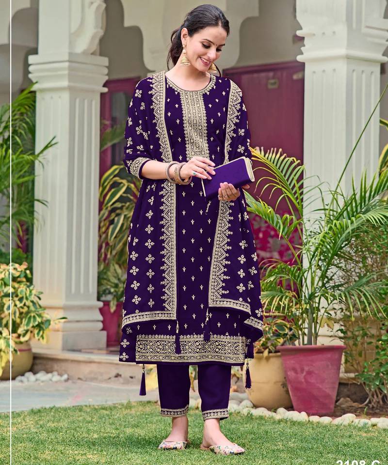 Purple color embroideried faux georgette semi stitched salwar suit