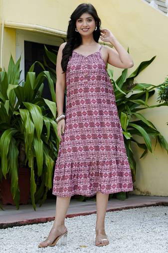 Women’s cotton blend geometric print adjustable spaghetti straps a-line midi dress