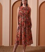 Women   s georgette printed midi dress high neck, sleeveless, waist tie belt, a-line flare (brown)