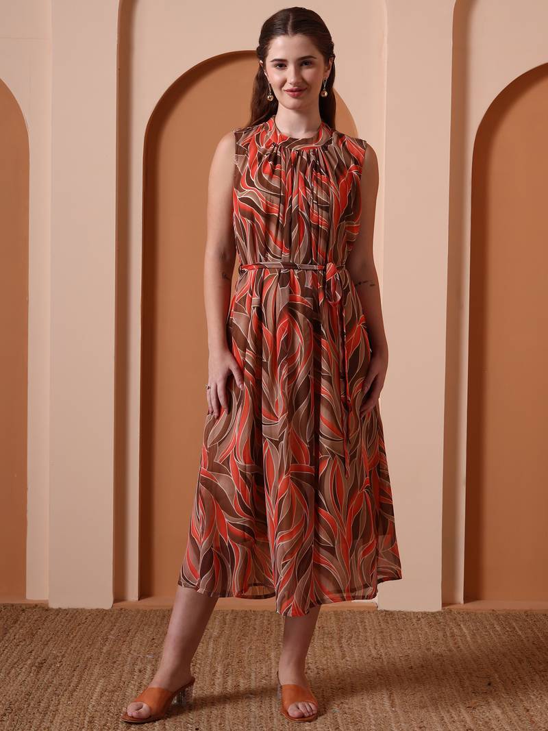 Women’s georgette printed midi dress high neck, sleeveless, waist tie belt, a-line flare (brown)