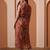 Women’s georgette printed midi dress high neck, sleeveless, waist tie belt, a-line flare (brown)