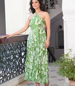 Women   s green leaf print dress wrinkle free fabric halter neck back elastic fit (green)