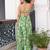 Women’s green leaf print dress wrinkle free fabric halter neck back elastic fit (green)