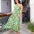 Women’s green leaf print dress wrinkle free fabric halter neck back elastic fit (green)