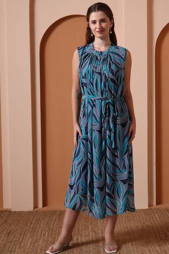 Women’s georgette printed midi dress high neck, sleeveless, waist tie belt, a-line flare (navy blue)