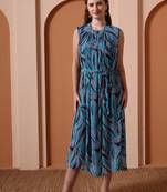 Women   s georgette printed midi dress high neck, sleeveless, waist tie belt, a-line flare (navy blue)
