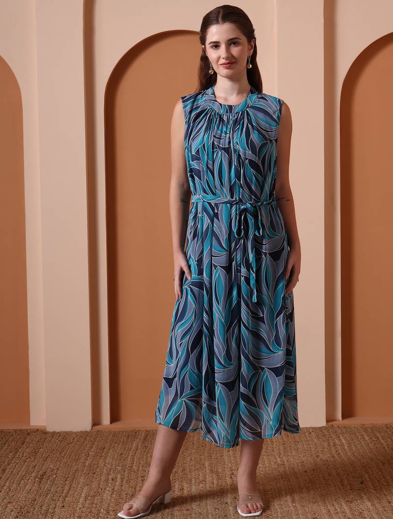 Women’s georgette printed midi dress high neck, sleeveless, waist tie belt, a-line flare (navy blue)