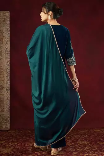 Ethnic Motifs Embroidered Sequinned Velvet Kurta with Trousers & With Dupatta