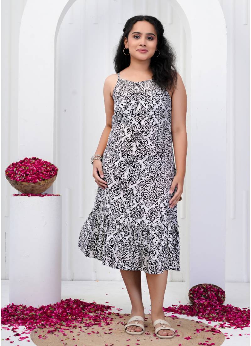 Women’s cotton blend geometric print adjustable spaghetti straps a-line midi dress