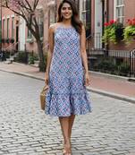 Women   s cotton blend geometric print adjustable spaghetti straps a-line midi dress