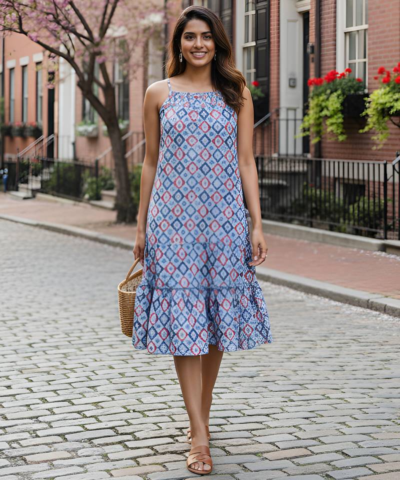 Women’s cotton blend geometric print adjustable spaghetti straps a-line midi dress