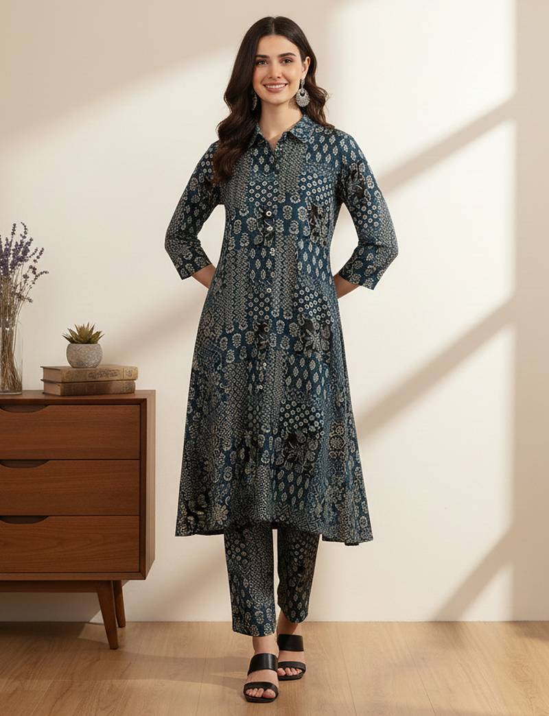 Women’s cambric cotton blue printed a-line kurta with pant set