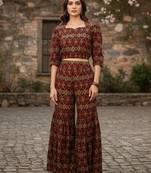 Women   s cambric cotton printed crop top with flared pants co-ord set (maroon)