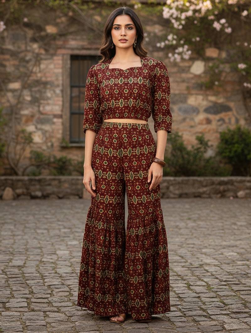 Women’s cambric cotton printed crop top with flared pants co-ord set (maroon)