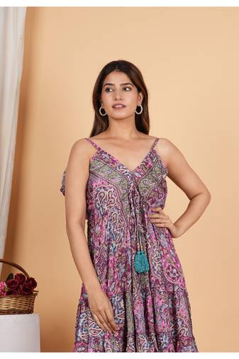 Women’s polyester printed short dress with back frill & adjustable string