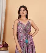 Women   s polyester printed short dress with back frill & adjustable string
