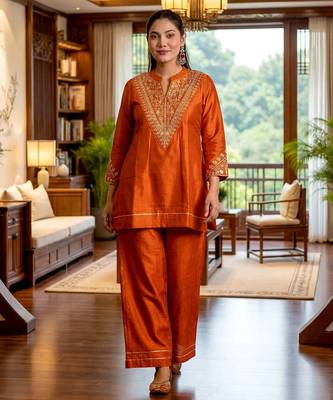 Women Embroidered Regular Chanderi Silk Kurti with Churidar & With Dupatta 2