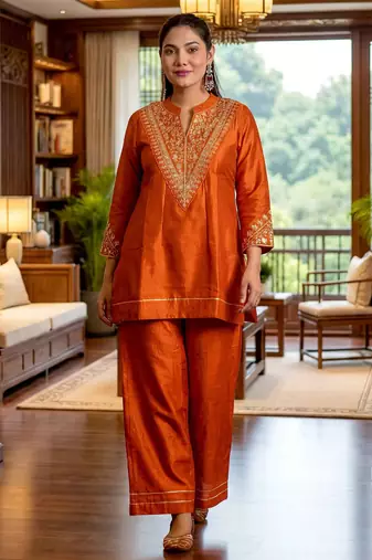 Women Embroidered Regular Chanderi Silk Kurti with Churidar & With Dupatta
