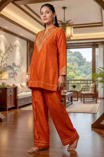 Women Embroidered Regular Chanderi Silk Kurti with Churidar & With Dupatta