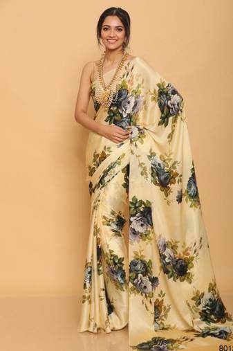 yellow printed satin saree with blouse piece