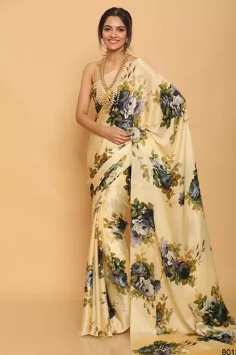 yellow printed satin saree with blouse piece