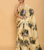 yellow printed satin saree with blouse piece