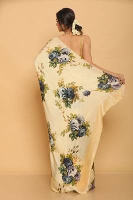 yellow printed satin saree with blouse piece 2