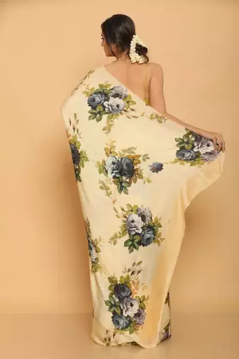 yellow printed satin saree with blouse piece