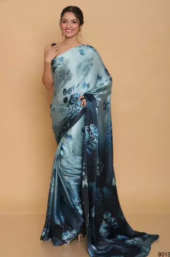 multicolor printed satin saree with blouse piece