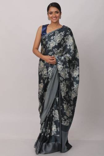 grey printed satin saree with blouse piece