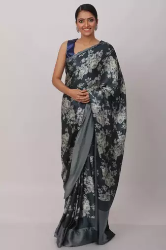 grey printed satin saree with blouse piece