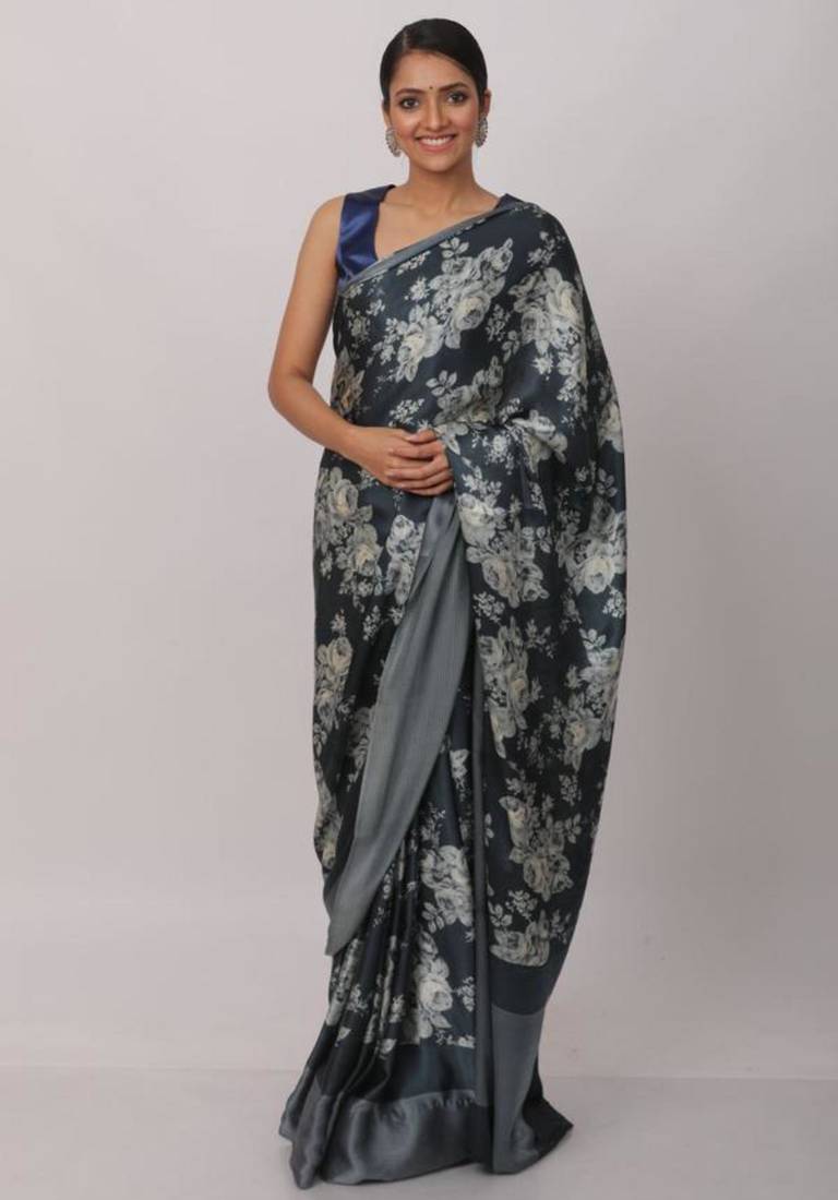 grey printed satin saree with blouse piece