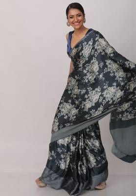 grey printed satin saree with blouse piece 2