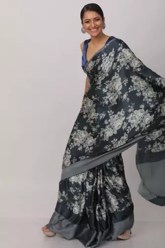 grey printed satin saree with blouse piece