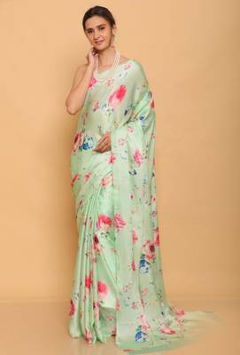 sea green printed satin saree with blouse piece 1