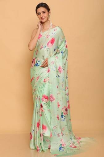 sea green printed satin saree with blouse piece