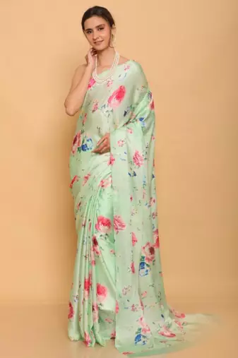 sea green printed satin saree with blouse piece