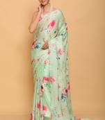 sea green printed satin saree with blouse piece