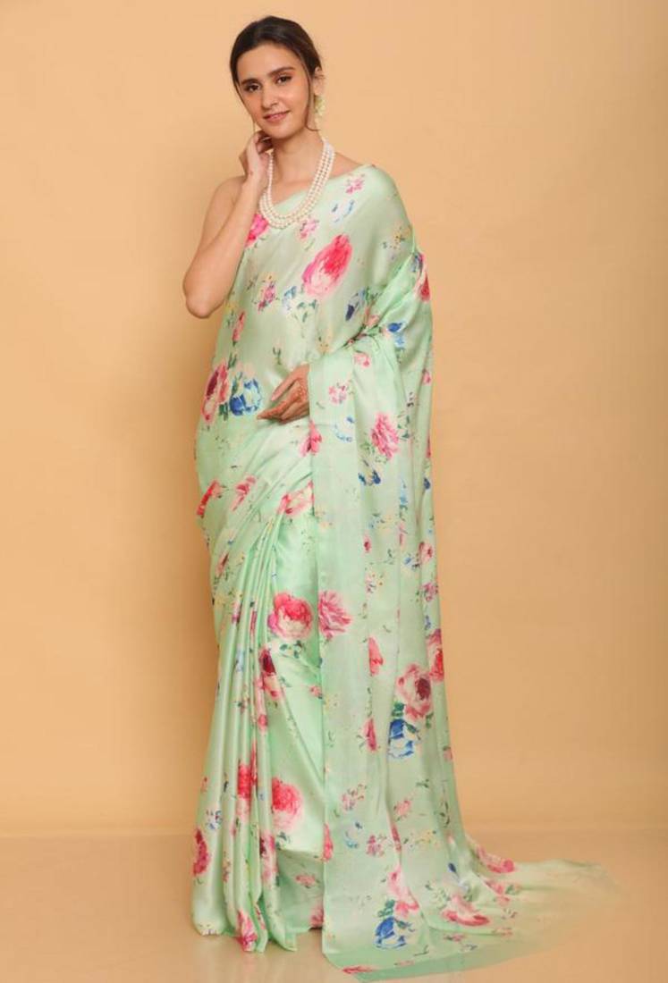 sea green printed satin saree with blouse piece