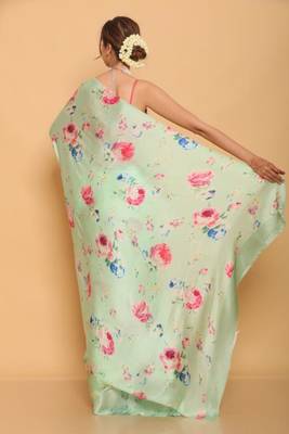 sea green printed satin saree with blouse piece 2