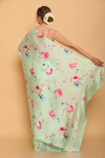 sea green printed satin saree with blouse piece