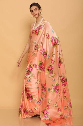 peach printed satin saree with blouse piece