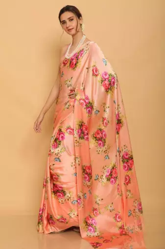 peach printed satin saree with blouse piece