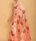 peach printed satin saree with blouse piece