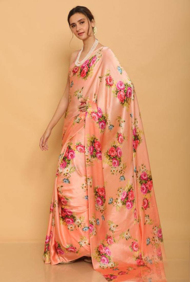 peach printed satin saree with blouse piece